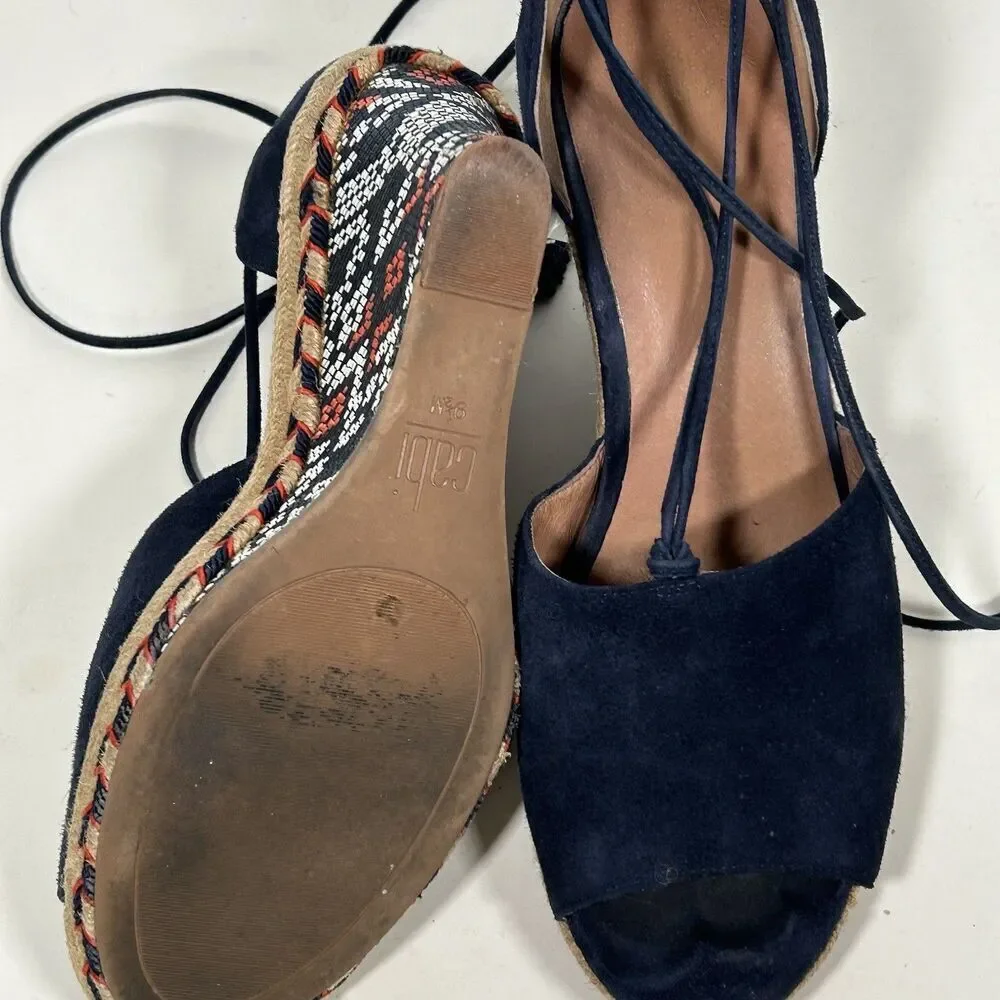 Cabi Isla Blue Suede Ankle Wrap Wedge Sandals Espadrille Size 9.5 Open Toe